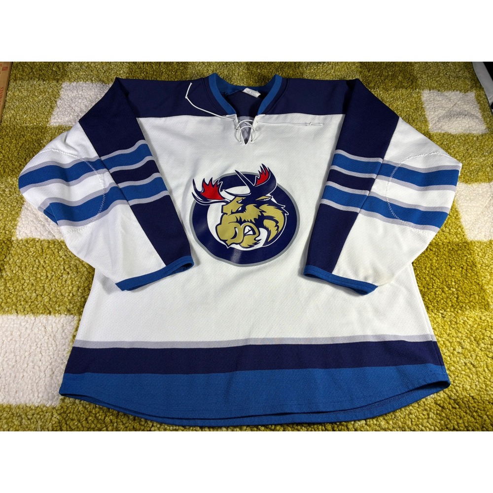 AK Manitoba Moose AHL Hockey Jersey Mens Large White Blue Lace Neck Number 3